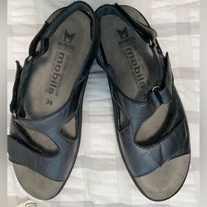 Mephisto Mobil Black Leather Velcro Strap Sandal, Size 39 (US 8/8.5)